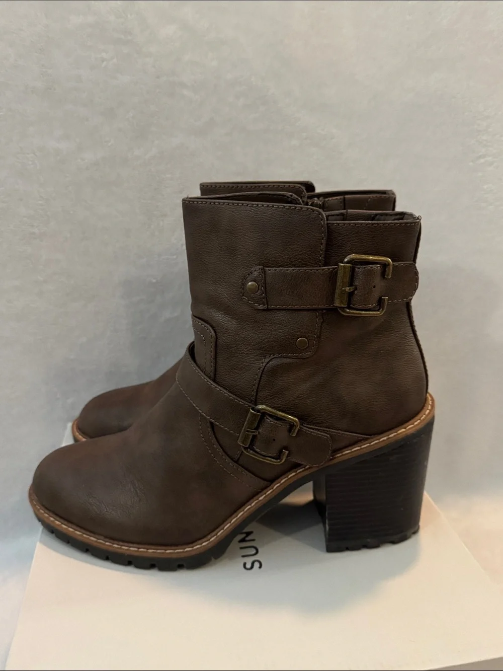 Sun + Stone Dark Taupe Leather Buckle Ankle Boots